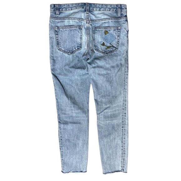 FREE PEOPLE Sz 25 Jeans Floral Embroidered Denim Low Rise Blue Boho Retro Y2K - Picture 7 of 15